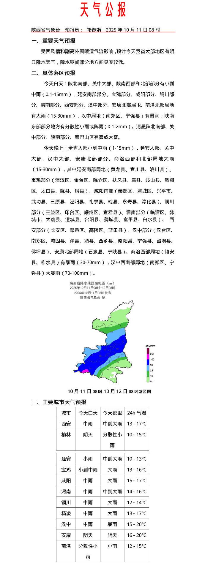 山洪预警！陕西今日大部有降雨 部分地方能见度较低